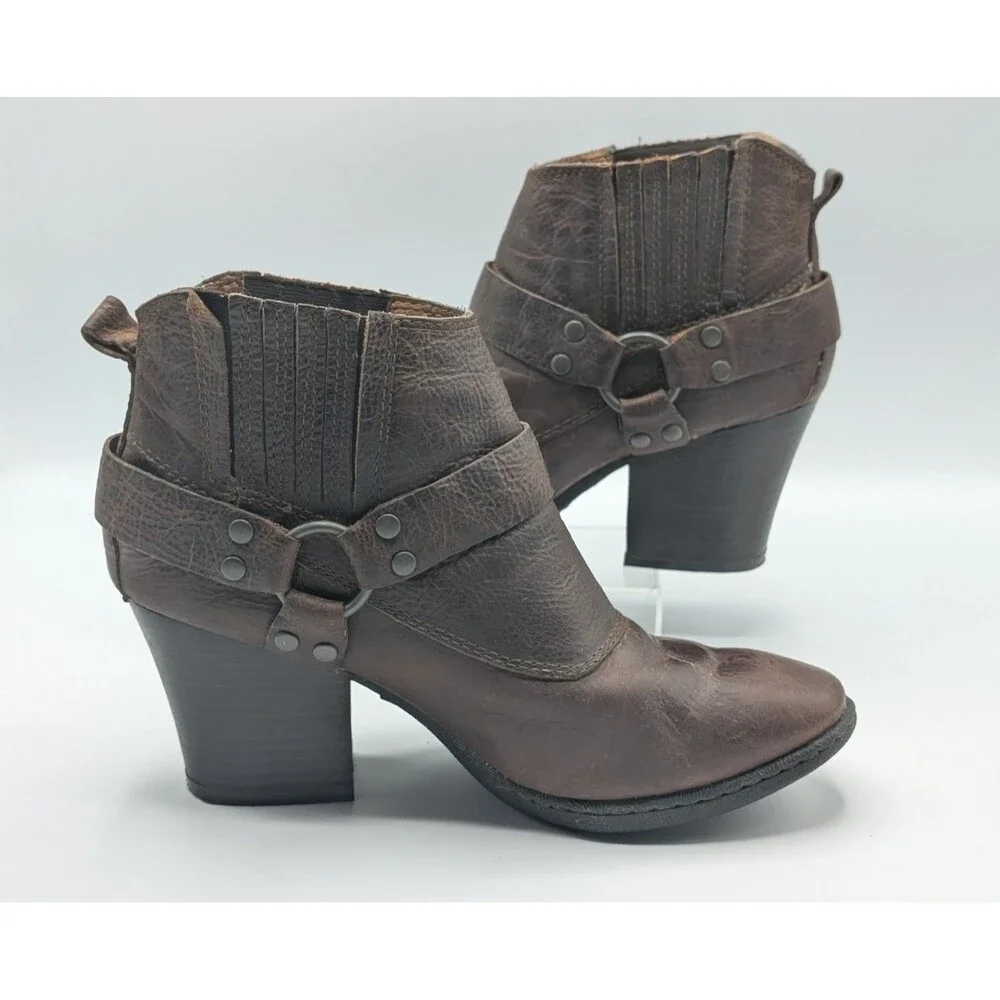 B.O.C Ankle Boots Women 8 Brown Leather Harness Block Heel Ring Buckle Strap